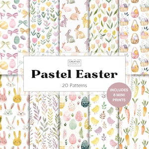 May include: A collection of pastel Easter-themed patterns. The patterns include bunnies, eggs, flowers, carrots, and chicks. The text on the image reads "Pastel Easter" and "20 Patterns". The image also includes 8 mini prints.