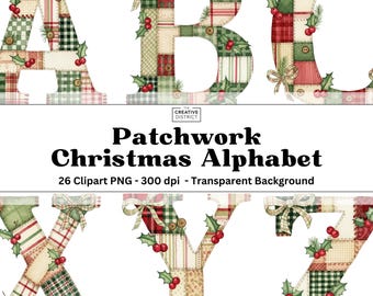 Alphabet de Noël en patchwork - Ensemble PNG de lettres en tissu matelassé confortable - Police de caractère aquarelle des fêtes cousue à la main pour travaux manuels et sublimation