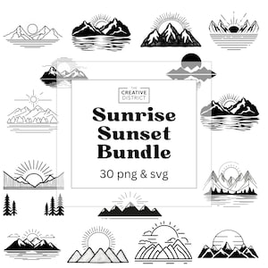 Zwart-wit zonsondergang zonsopgang SVG PNG bundel zon clipart minimalistische zon graphics meer zonsondergang avontuur graphics natuur silhouetten