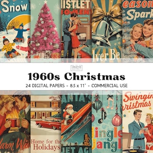 1960s Christmas Retro Poster Art Style Holiday Prints, Mid-Century Tinsel Trees, Atomic Ornaments & Vintage Holiday Printable Digital Papers