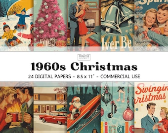 1960s Christmas Retro Poster Art Style Holiday Prints, Mid-Century Tinsel Trees, Atomic Ornaments & Vintage Holiday Printable Digital Papers