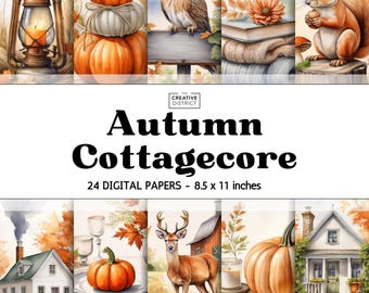 May include: A digital paper set titled "Autumn Cottagecore" featuring watercolor illustrations of fall themes. The images include pumpkins, an owl, a squirrel, and cozy cottage scenes. The paper size is 8.5 x 11 inches.
