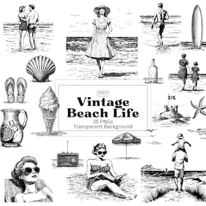 Vintage Style Beach Clipart Bundle Black Ink Coastal Summer Surf Sublimation Nautical Junk Journal 50s Printable Surf Retro Handdrawn Crafts
