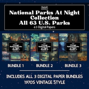 National Parks at Night Digital Paper Collection – All 63 Parks – Retro Nighttime Wilderness Art for Scrapbooking & Junk Journals