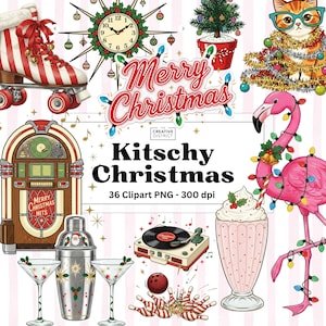 Kitschy 1950s Christmas Clipart Bundle – 36 Retro Mid-Century Holiday PNGs – Quirky Vintage Atomic Xmas Illustrations for Crafts