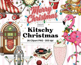 May include: A collection of kitschy Christmas-themed clip art. Includes a roller skate, a clock, a Christmas tree, a cat wearing glasses, a jukebox, a cocktail shaker, martini glasses, a record player, a bowling ball and pins, a milkshake, and a flamingo.
