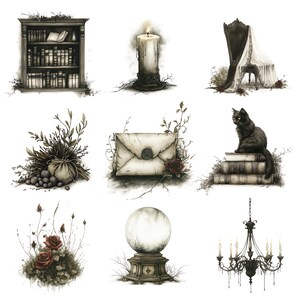 May include: A collection of nine black and white illustrations featuring various gothic and magical objects, including a bookshelf, a candle, a chair, a letter, a cat, a stack of books, a rose bush, a crystal ball, and a chandelier.