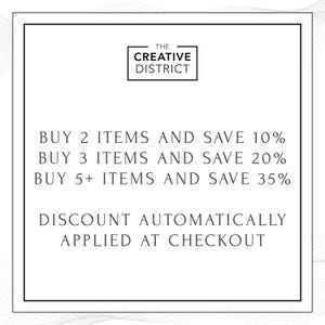 May include: A white graphic with the text "THE CREATIVE DISTRICT" at the top. Below, it lists discounts: Buy 2 items and save 10%, Buy 3 items and save 20%, Buy 5+ items and save 35%. The text "DISCOUNT AUTOMATICALLY APPLIED AT CHECKOUT" is at the bottom.