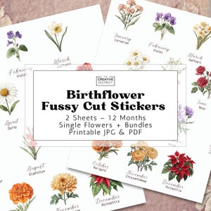 Stickers fleurs de naissance - Feuilles d'autocollants floraux imprimables pour carnets et albums de photos indésirables - Fleurs du mois vintage - Lot de 2 feuilles