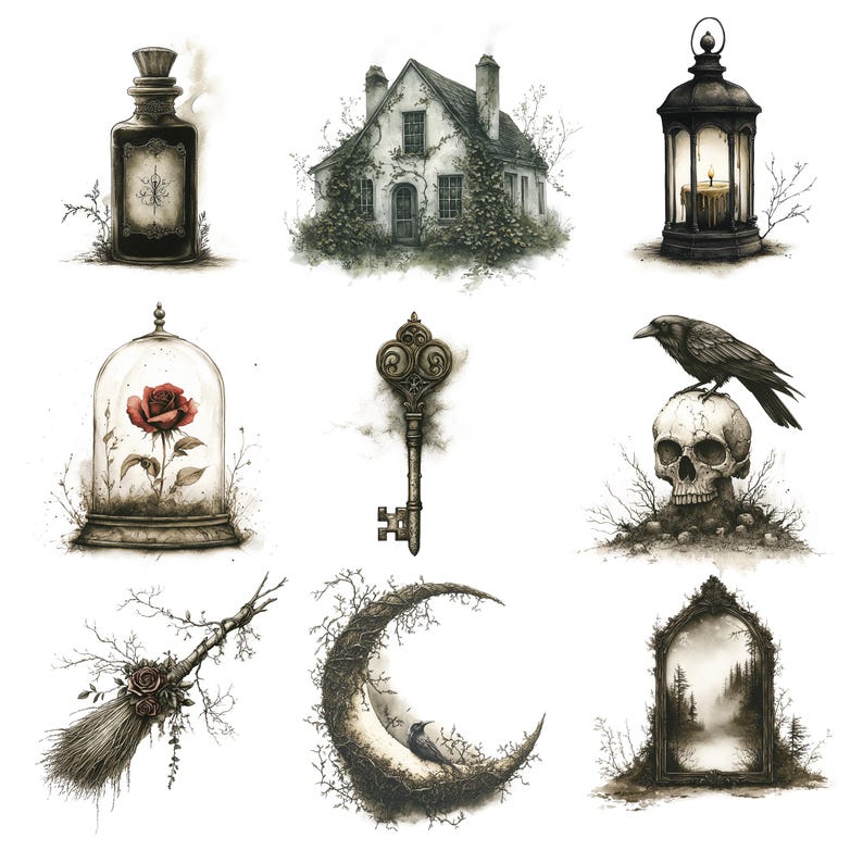 May include: A collection of nine hand-painted illustrations featuring gothic and fairytale themes. The illustrations include a spooky house, a key, a crow on a skull, a rose in a glass dome, a crescent moon, a lantern, a bottle with a spider, a broom, and a foggy forest scene.