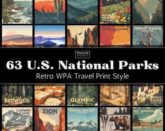 All 63 US National Parks Poster Bundle – Retro WPA Reise-Druck-Stil – druckbare Wandkunst JPG Bergwald Wildtiere digitaler Download