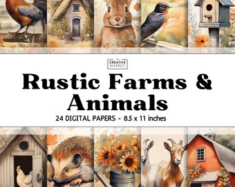 May include: A collection of 24 digital papers with watercolor illustrations of rustic farms and animals. The images include a rooster, a cottage, a rabbit, a bird, a birdhouse, a chicken coop, a hedgehog, sunflowers, goats, and a barn. Each paper is 8.5 x 11 inches.