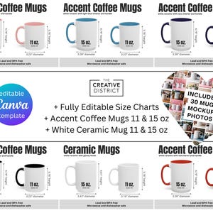 Tabla de tallas de tazas, tabla de colores de tazas, tazas decorativas, tamaño de cápsula, guía de tazas de Printify, taza de cerámica blanca de 11 oz y 15 oz, taza de café decorativa
