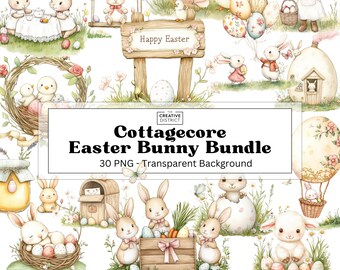 Cottagecore Easter Bunny Clipart Bundle PNGs Pastel Cute Spring Animals Graphics Watercolor Whimsy Easter Clipart Illustration Art Bundle
