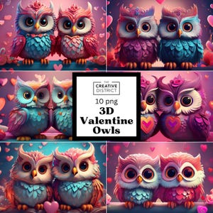 Coppia di gufi carini San Valentino clipart 3D gufi magici natura animali file png download digitale illustrazione sublimazione