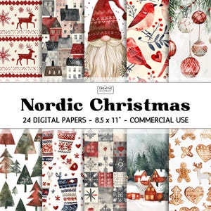 May include: A collection of 24 digital papers with a Nordic Christmas theme. The designs include patterns with reindeer, houses, gnomes, birds, Christmas ornaments, trees, stockings, snowflakes, and gingerbread cookies. The papers are 8.5 x 11 inches.