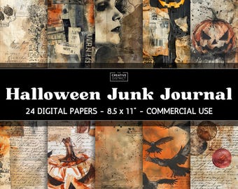 May include: A collection of 24 digital papers for Halloween junk journals. The papers feature a collage of vintage ephemera, including portraits, pumpkins, crows, and handwritten text. The papers are 8.5 x 11 inches and for commercial use.