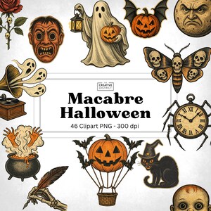 May include: A selection of vintage Halloween clip art. Features a ghost with a pumpkin, jack-o'-lanterns, a black cat, a moth with skull designs, and the text "Macabre Halloween".