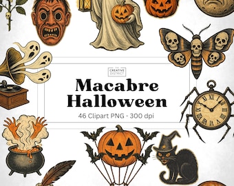 Macabre Halloween Clipart Bundle, PNG Files, Vintage Spooky Oddities, Witches, Pumpkins, Ghosts, Ravens – Digital Download Journal Scrapbook