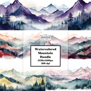 Grafica di montagna ad acquerello, PNG di natura selvaggia, disegni di escursioni panoramiche, clipart di paesaggi avventurosi, foresta nebbiosa, arte, estetica all'aperto