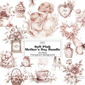 Paquete de imágenes prediseñadas PNG del Día de la Madre, elegantes gráficos florales de la vida de mamá, maternidad vintage, adorable mamá, ilustración en acuarela