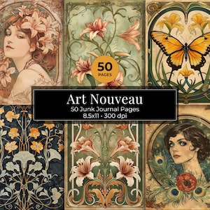 May include: Art Nouveau junk journal pages with floral and portrait illustrations. The pages include images of lilies, a butterfly, and women. The text on the pages reads "Art Nouveau" and "50 pages". The pages measure 21.6 x 27.9 cm.
