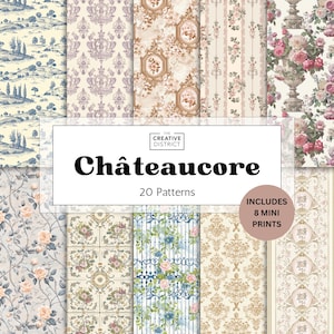 Chateaucore Digitales Papierpaket - Vintage Muster & Mini Kunstdrucke Französisch Romantische Tapete Pastell Cottagecore Soft Floral Antique Set