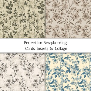 May include: Four patterned paper designs with floral and botanical motifs in shades of gray, beige, and blue. The text "Perfect for Scrapbooking Cards, Inserts & Collage" is displayed across the image.