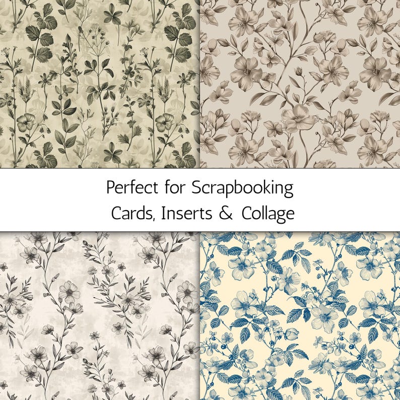 May include: Four patterned paper designs with floral and botanical motifs in shades of gray, beige, and blue. The text "Perfect for Scrapbooking Cards, Inserts & Collage" is displayed across the image.