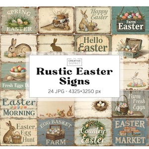 May include: A selection of rustic Easter signs with diverse designs. The signs display images of rabbits, eggs, baskets, and text such as "Spring Easter," "Happy Easter," and "Easter Market." The signs are set against a white backdrop.