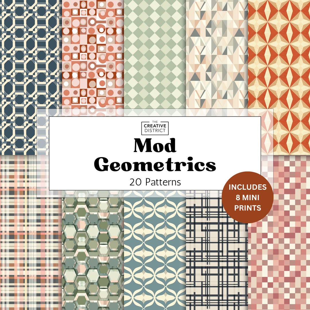 Mid Century Modern Digital Paper, Retro Geometric Patterns, Terracotta ...
