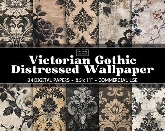 Victorian Gothic Distressed Wallpaper Digital Paper Haunted Floral Backgrounds in Sepia and Black Moody Gothic Junk Journal and Craft Papers