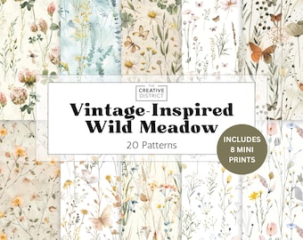 Wild Meadow Digital Paper and Pastel Floral Seamless Patterns Bundle for Spring Scrapbooking Journals Vintage Flowers & Cottagecore Crafts