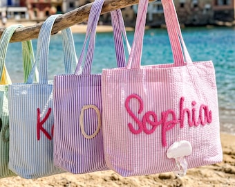 Personalized Seersucker Beach Bag, Striped Summer Tote, Kids Travel Handbag, Summer Vacation Bag
