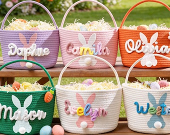 Canasta de Pascua personalizada para niños, canasta de cuerda con forma de zanahoria y conejo, canasta de regalo de algodón para bebé, cubo para la búsqueda de huevos, regalo para baby shower, canasta de conejo