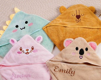 Toalla de baño con capucha personalizada para bebé, suave algodón, con nombre bordado, ideal como regalo para baby shower.
