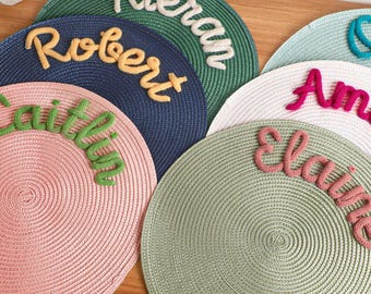 Tovagliette personalizzate con nome, tovagliette rotonde intrecciate, tovagliette personalizzate in corda di cotone, tovagliette con monogramma, tappetini decorativi per la tavola, decorazioni per la tavola da pranzo