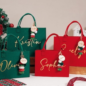 Sac et breloques cadeau de Noël personnalisés,Sacs-cadeaux avec prénom,Sacs-cadeaux pour le réveillon de Noël,Sacs de fête de Noël en feutre,Sac pour sapin de Noël,Sac de Noël