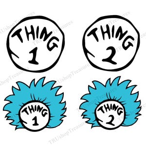 以下が含まれることがあります： 白黒の円が2つあり、白い円の中に「Thing 1」と「Thing 2」の文字が書かれており、青いぼやけた輪郭があります。