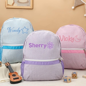 Sac à dos personnalisé pour bébé, sac à dos personnalisé pour tout-petit, sac à dos avec nom, sac à dos en seersucker, sac à dos pour l'école, cadeaux pour enfants, cadeau bébé