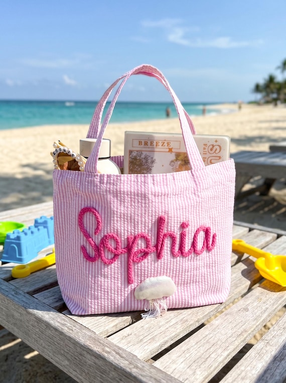 Personalized Seersucker Kids Beach Bag, Summer Vacation Tote Bag, Travel Handbag For Girls