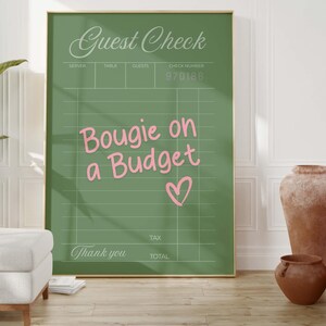 Guest Check Print - College Apartment Wall Art "Bougie on a Budget" | Above Couch Art | Sage Green Wall Art Poster | Bedroom Wall Art Print
