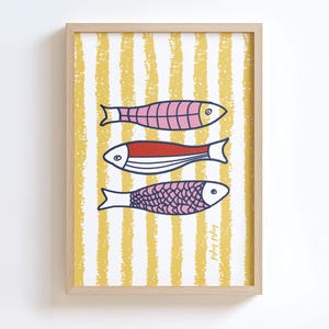 Sardine Wall Art Print | Kitchen Fish Poster | Retro Sardine Print | Canned Fish Print | Italian Food Poster | Yellow Striped Ocean Art
