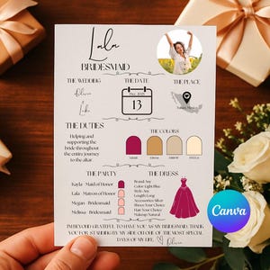 Willst du meine Brautjungfer sein? | Veränderbare Brautparty Info Karte + Ort | Vorschlag Vorlage | Hochzeit Details einfügen | Individuelle Gestaltung mit Canva