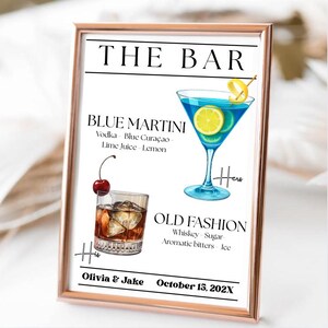 パーソナライズされたウェディング特製ドリンクメニュー：モダンなバー看板、編集可能なCanvaテンプレート