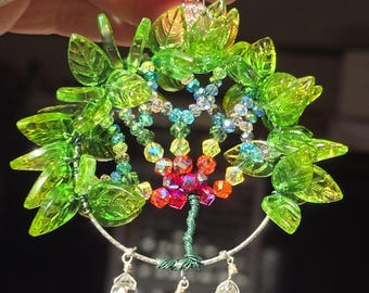 Tropical Tree of Life Mini Suncatcher | Crystal Car Ornament Hanger | Handmade and Hand Wired with Pure Crystal Glass Beads