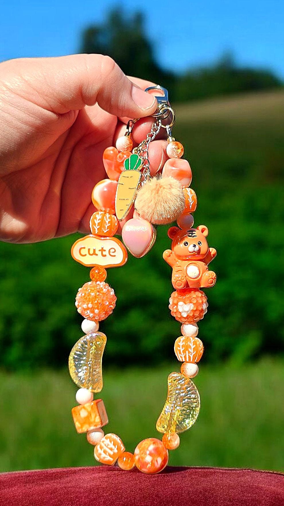 Handmade Orange Slice and Bear Themed Beaded Keychain – Cute Kawaii Charms | Accessory for Purses, Bags, Backpacks and More | Orange lover