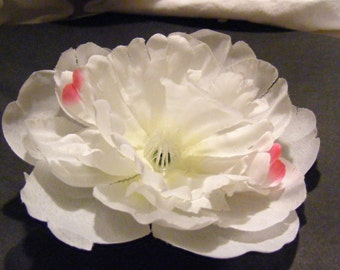 PEONY - white with a dash of pink - customizable on bobby pin, barrette, comb or alligator clip