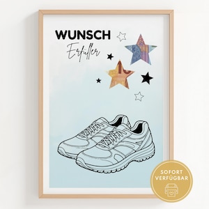 Könnte beinhalten: Gerahmter Kunstdruck mit einem Paar skizzierter Turnschuhe auf hellblauem Hintergrund. Der Druck enthält die Worte "Wunsch Erfüller" und Sterngrafiken. Ein goldener Kreis mit Text befindet sich in der unteren rechten Ecke.
