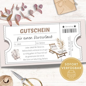 Gutschein Kurzurlaub Wellness, Reisegutschein Vorlage zum Verschenken, Kurzurlaub Geschenkidee, Wochenendtrip Gutschein zum Ausdrucken
